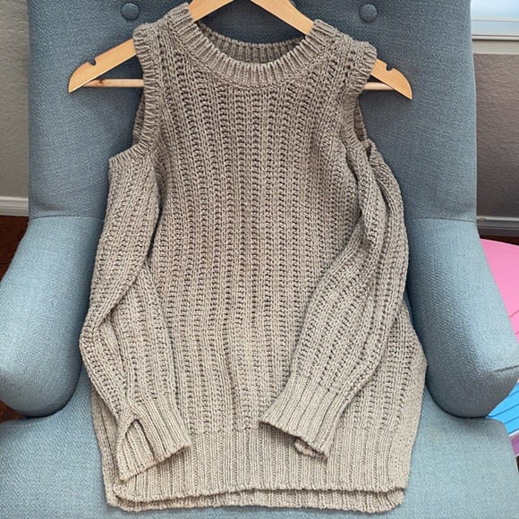 BCBG cotton sweater cold shoulders beige grey - Picture 3 of 8